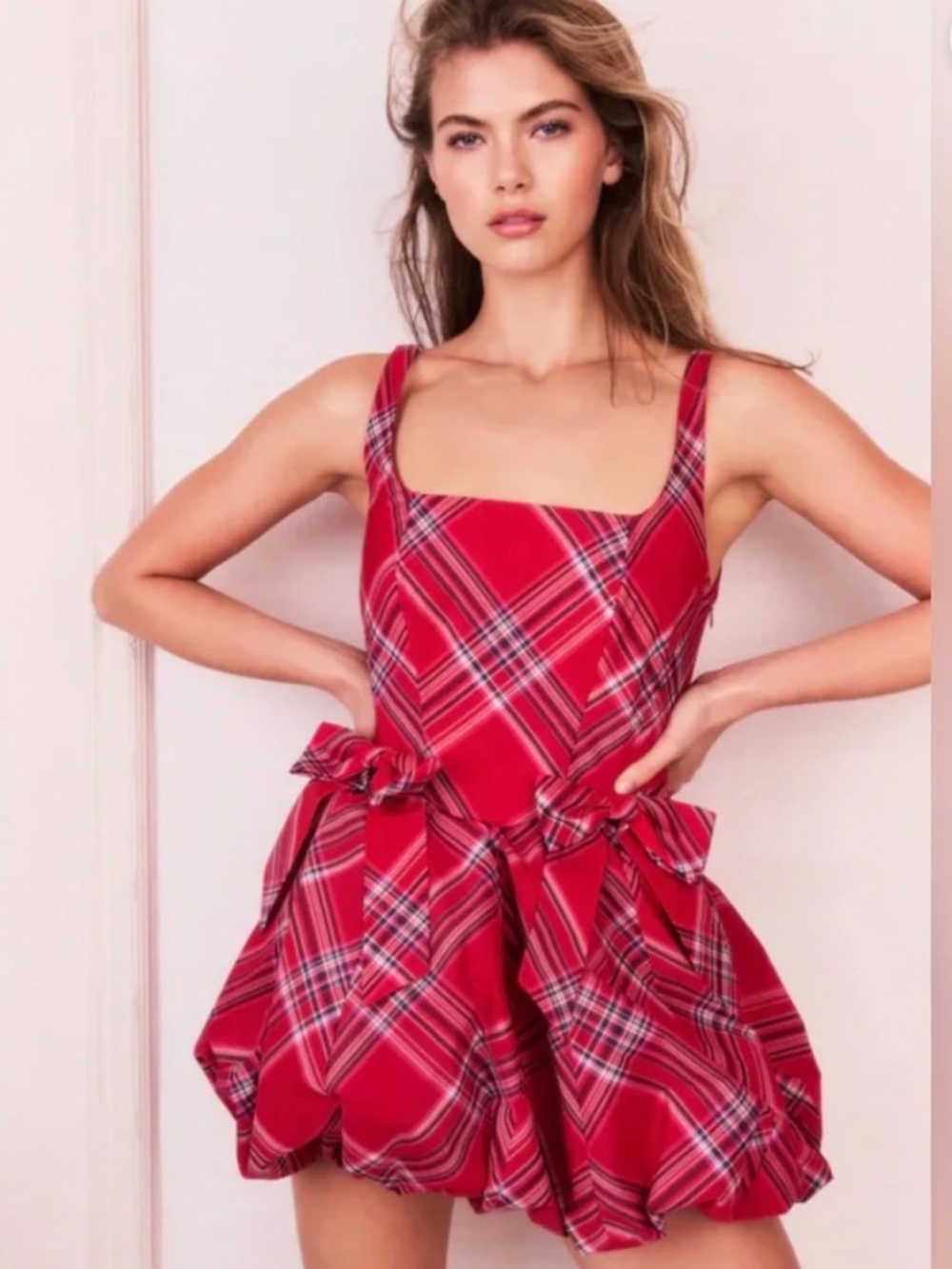 Love Shack Fancy Ruelle Red Tartan Plaid Bubble Hem Mini Dress Size 12